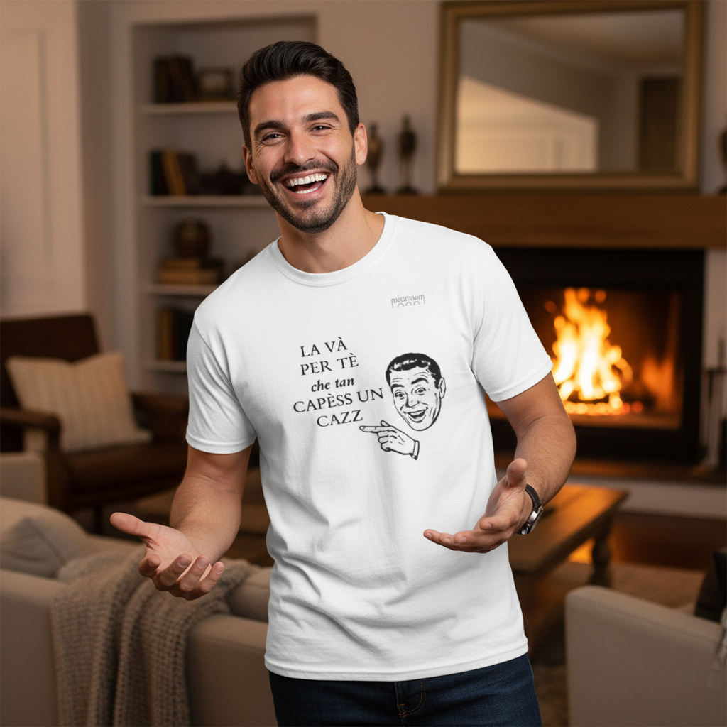 Uomo in soggiorno minimalista con t-shirt bianca scritta dialetto romagnolo
