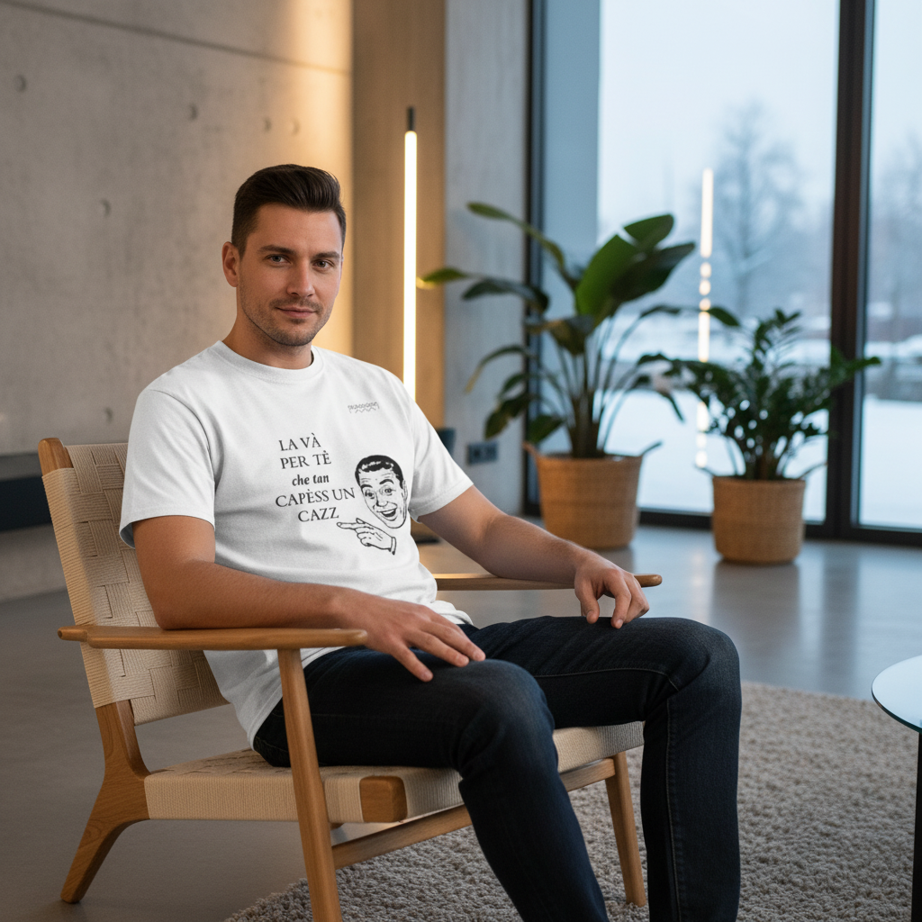 Uomo in cucina moderna indossa maglia unisex romagnola bianca casual