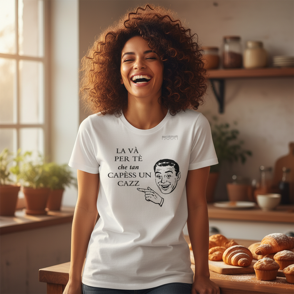 Donna mediterranea con t-shirt ironica romagnola La Va Per Te vicino alla finestra in inverno