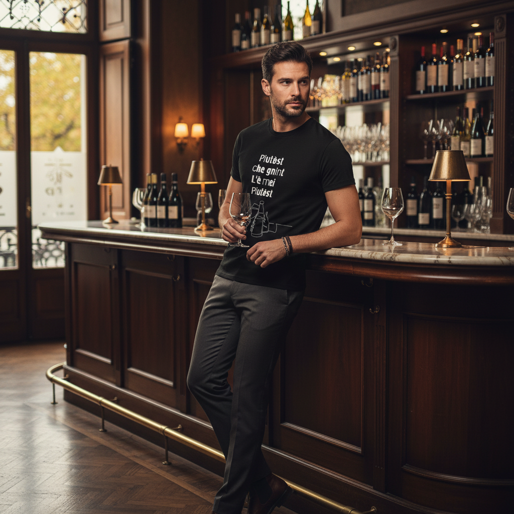 uomo in posa al bar con calice in mano che indossa la maglia nera piutost - mariminum