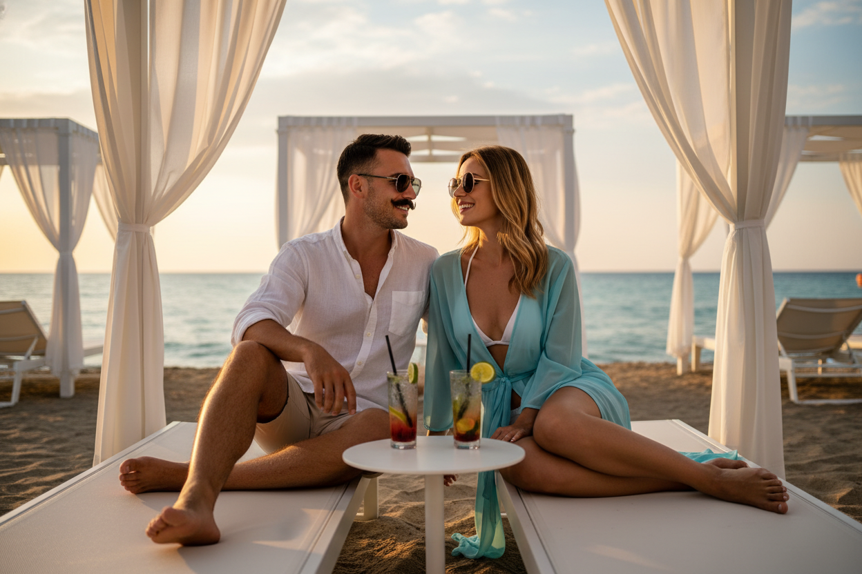Couple seated white shirt blue coverup