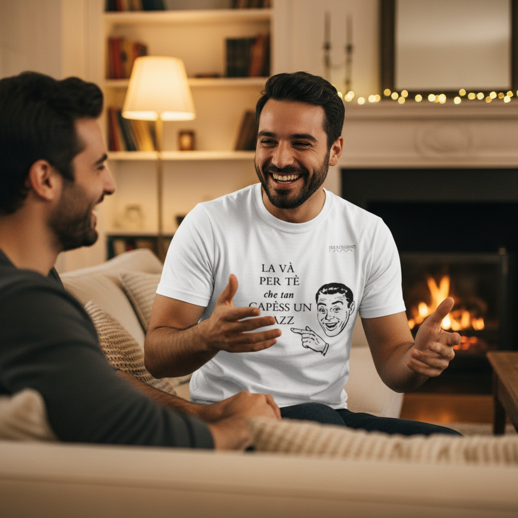 Uomo mediterraneo sorridente indossa t-shirt romagnola bianca Mariminum in soggiorno invernale