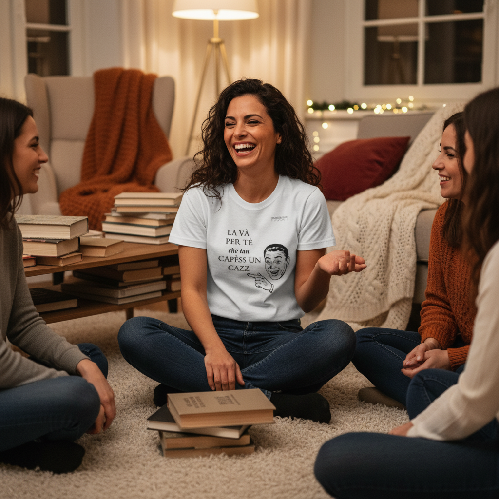 Donna con t-shirt Mariminum romagnola seduta in angolo lettura invernale